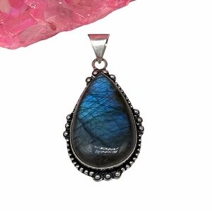 Blue Fire Flash Labradorite Necklace Pendant 925 Sterling Silver Overlay
